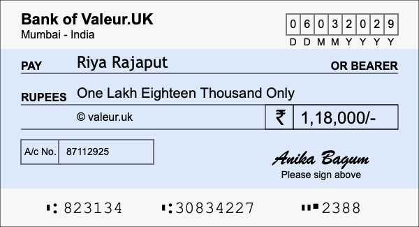 How to write a cheque for 1.18 lakh rupees