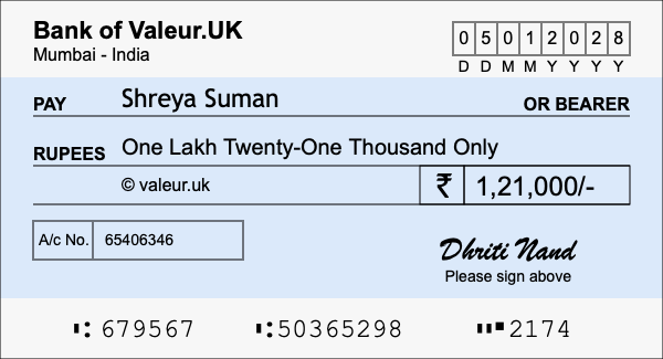 How to write a cheque for 1.21 lakh rupees