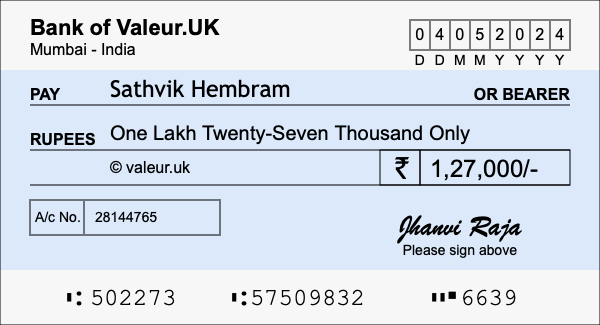 How to write a cheque for 1.27 lakh rupees