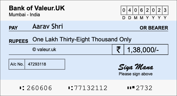 How to write a cheque for 1.38 lakh rupees