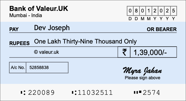 How to write a cheque for 1.39 lakh rupees