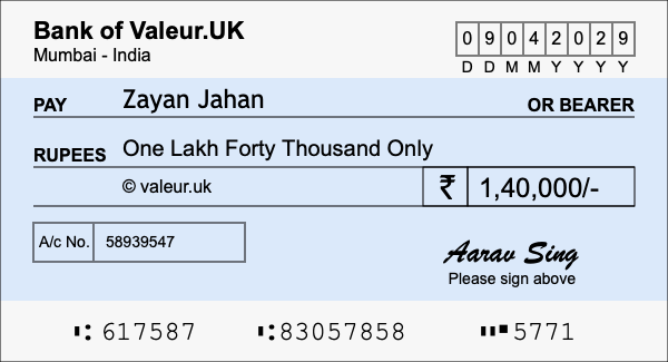 How to write a cheque for 1.4 lakh rupees