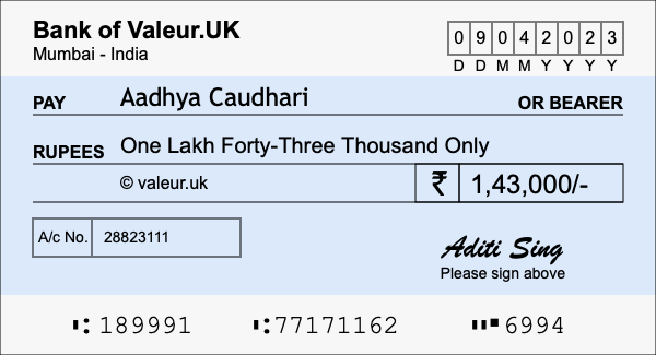 How to write a cheque for 1.43 lakh rupees