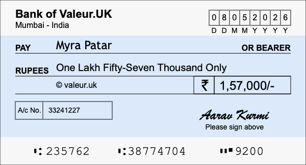 How to write a cheque for 1.57 lakh rupees