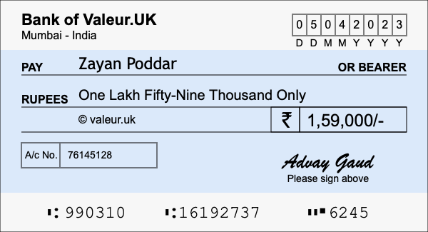 How to write a cheque for 1.59 lakh rupees