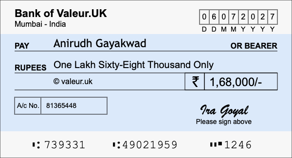 How to write a cheque for 1.68 lakh rupees