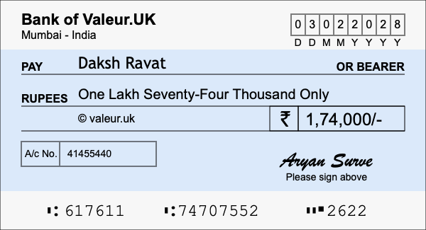 How to write a cheque for 1.74 lakh rupees