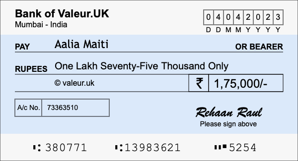 How to write a cheque for 1.75 lakh rupees