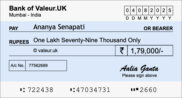 How to write a cheque for 1.79 lakh rupees