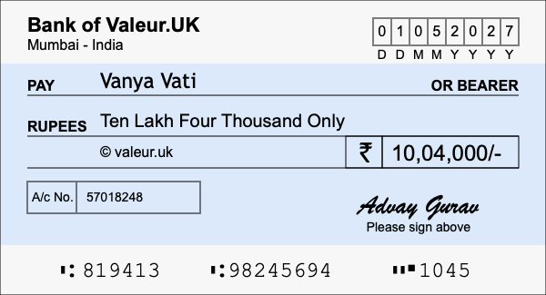 How to write a cheque for 10.04 lakh rupees