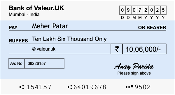 How to write a cheque for 10.06 lakh rupees