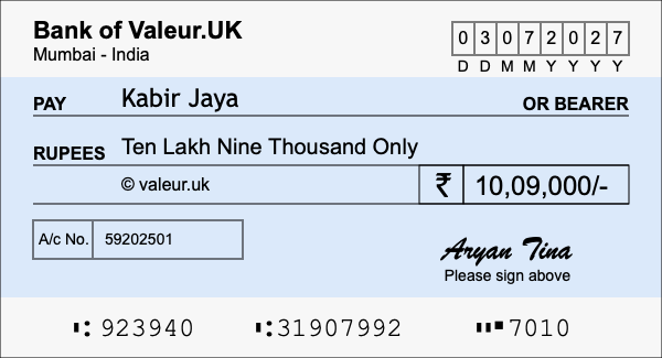 How to write a cheque for 10.09 lakh rupees