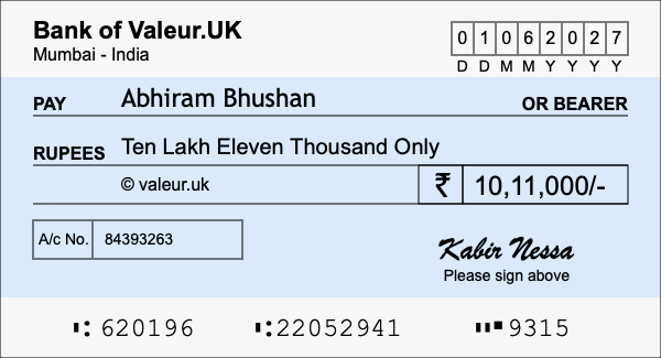 How to write a cheque for 10.11 lakh rupees