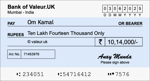 How to write a cheque for 10.14 lakh rupees