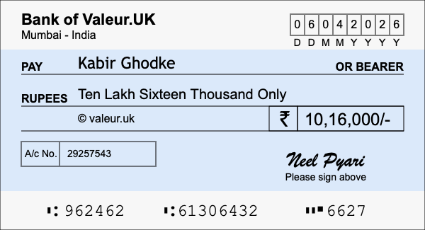 How to write a cheque for 10.16 lakh rupees