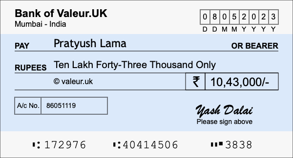 How to write a cheque for 10.43 lakh rupees