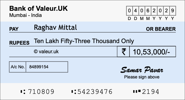 How to write a cheque for 10.53 lakh rupees