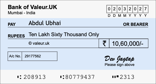 How to write a cheque for 10.6 lakh rupees