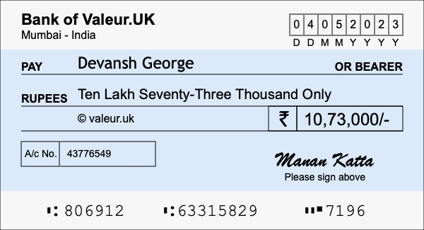 How to write a cheque for 10.73 lakh rupees