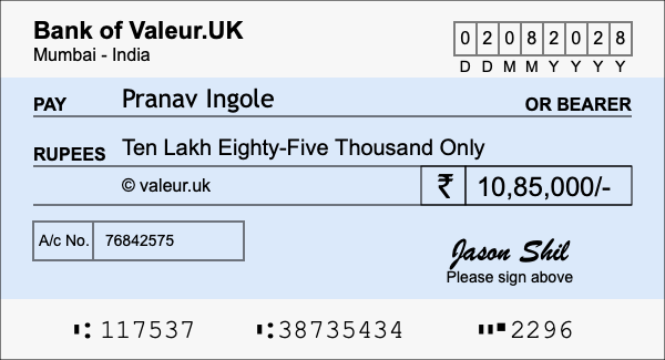 How to write a cheque for 10.85 lakh rupees