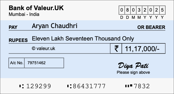 How to write a cheque for 11.17 lakh rupees