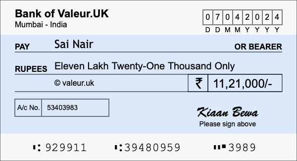 How to write a cheque for 11.21 lakh rupees