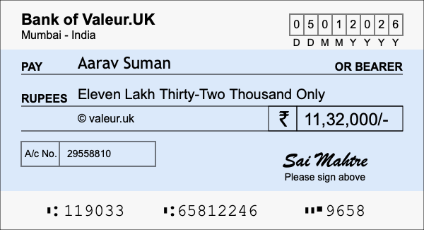 How to write a cheque for 11.32 lakh rupees