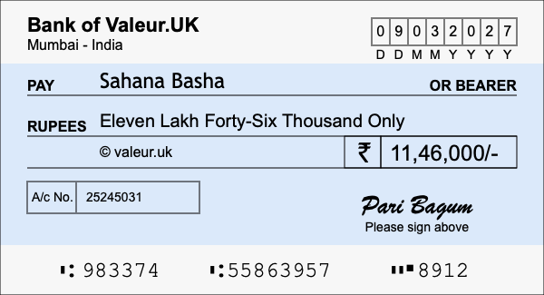 How to write a cheque for 11.46 lakh rupees