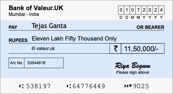 How to write a cheque for 11.5 lakh rupees How to write a cheque for 11.5 lakh rupees