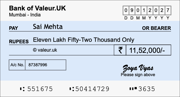 How to write a cheque for 11.52 lakh rupees How to write a cheque for 11.52 lakh rupees