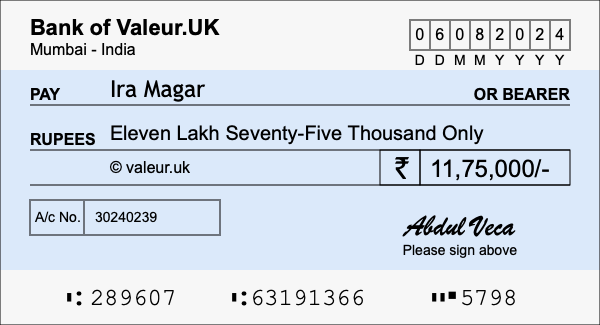 How to write a cheque for 11.75 lakh rupees
