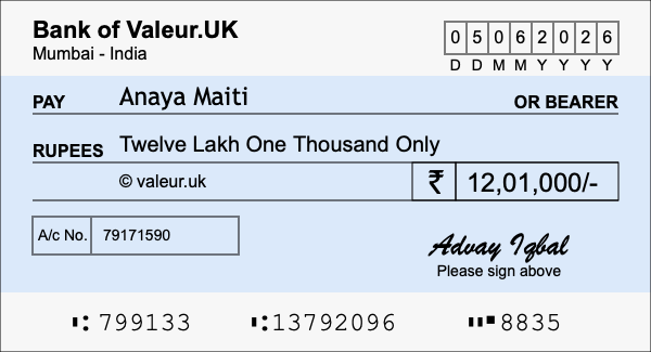 How to write a cheque for 12.01 lakh rupees
