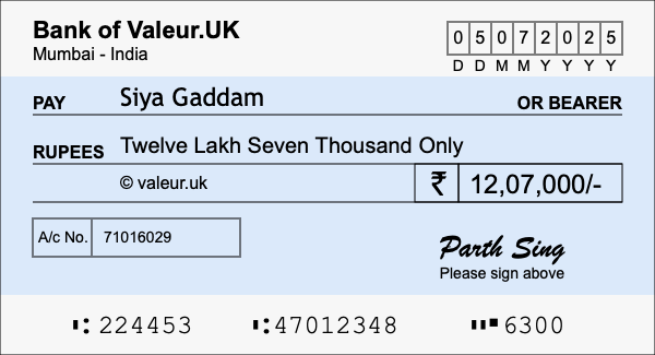 How to write a cheque for 12.07 lakh rupees