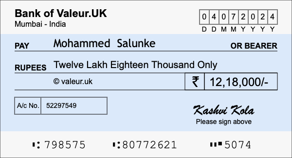 How to write a cheque for 12.18 lakh rupees