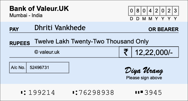 How to write a cheque for 12.22 lakh rupees