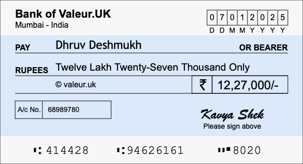 How to write a cheque for 12.27 lakh rupees