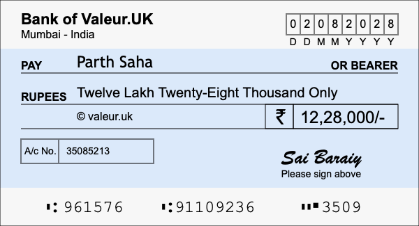 How to write a cheque for 12.28 lakh rupees