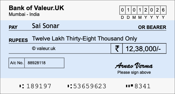 How to write a cheque for 12.38 lakh rupees