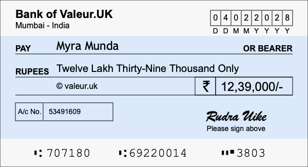 How to write a cheque for 12.39 lakh rupees