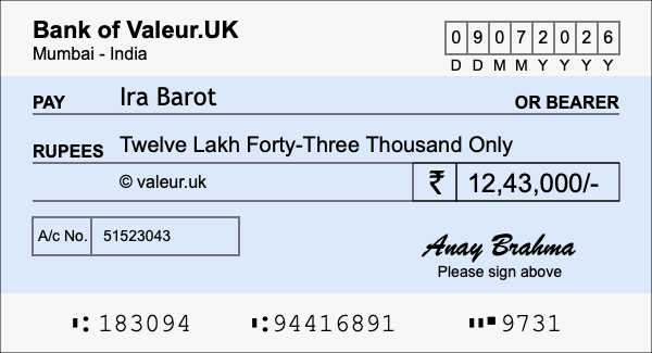 How to write a cheque for 12.43 lakh rupees