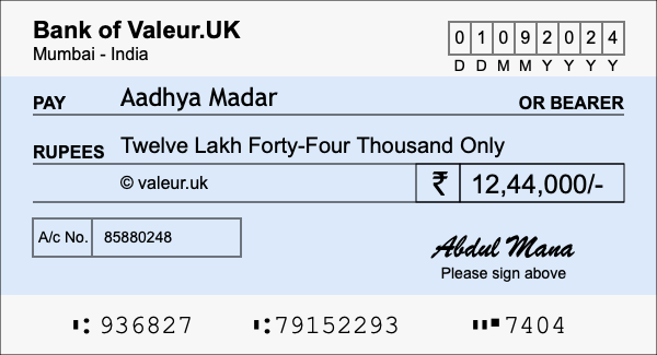 How to write a cheque for 12.44 lakh rupees