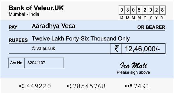 How to write a cheque for 12.46 lakh rupees