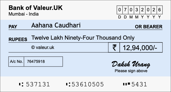 How to write a cheque for 12.94 lakh rupees