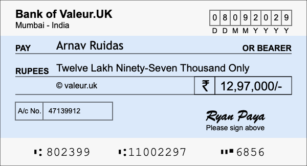 How to write a cheque for 12.97 lakh rupees