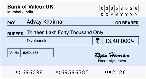 How to write a cheque for 13.4 lakh rupees