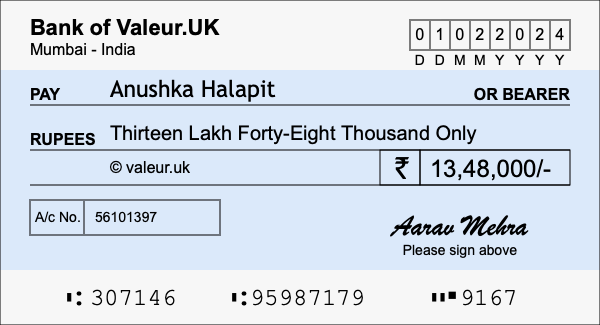 How to write a cheque for 13.48 lakh rupees How to write a cheque for 13.48 lakh rupees