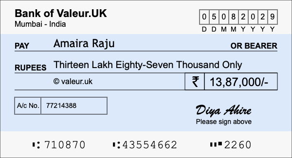 How to write a cheque for 13.87 lakh rupees
