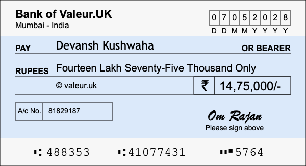 How to write a cheque for 14.75 lakh rupees