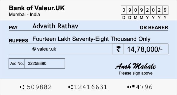 How to write a cheque for 14.78 lakh rupees