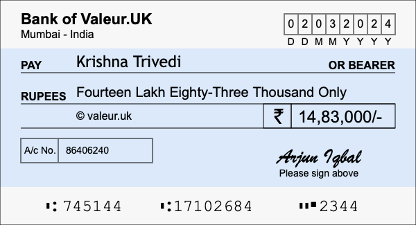 How to write a cheque for 14.83 lakh rupees